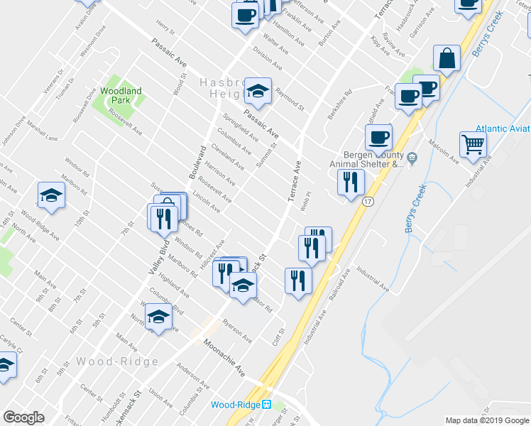 map of restaurants, bars, coffee shops, grocery stores, and more near 344 Harrison Avenue in Hasbrouck Heights