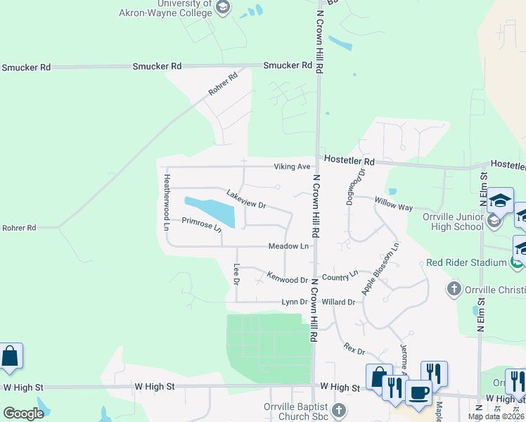 map of restaurants, bars, coffee shops, grocery stores, and more near 1852 Lakeview Drive in Orrville