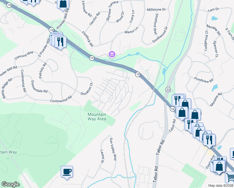 map of restaurants, bars, coffee shops, grocery stores, and more near 2467 New Jersey 10 in Morris Plains