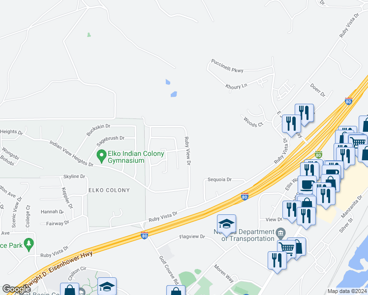 map of restaurants, bars, coffee shops, grocery stores, and more near 2002 Russell Drive in Elko