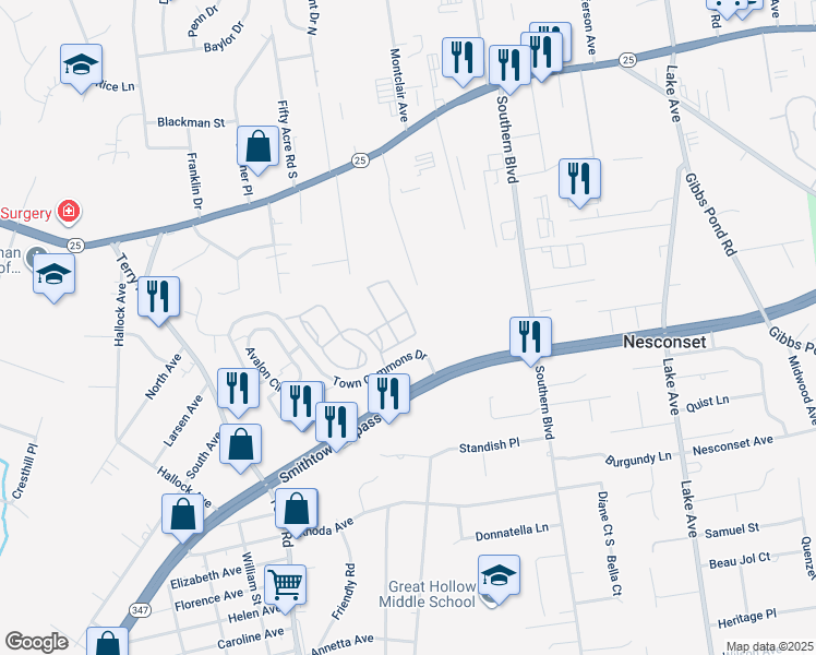 map of restaurants, bars, coffee shops, grocery stores, and more near 5 Chelsea Drive in Smithtown
