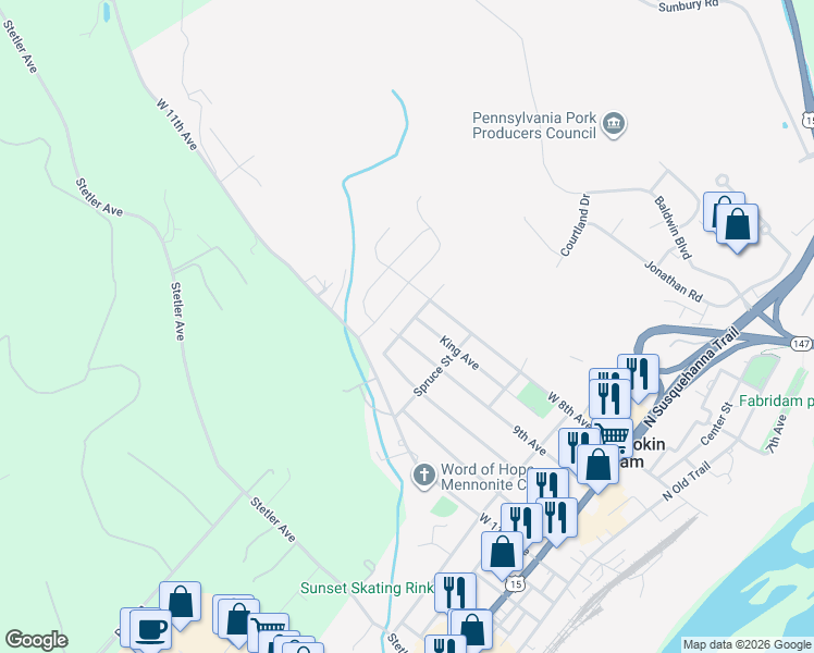 map of restaurants, bars, coffee shops, grocery stores, and more near North Chestnut Street in Shamokin Dam