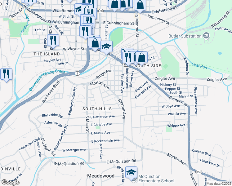 map of restaurants, bars, coffee shops, grocery stores, and more near 403 Walker Avenue in Butler