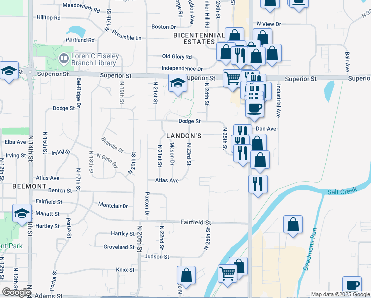map of restaurants, bars, coffee shops, grocery stores, and more near 4124 North 23rd Street in Lincoln