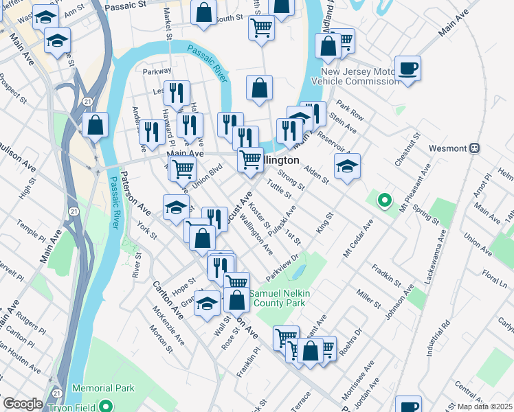 map of restaurants, bars, coffee shops, grocery stores, and more near 17 Koster Street in Wallington