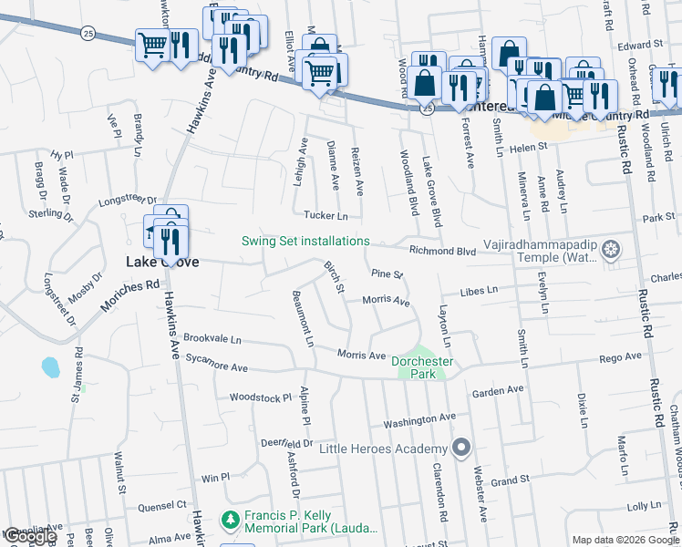 map of restaurants, bars, coffee shops, grocery stores, and more near 45 Birch Street in Lake Grove