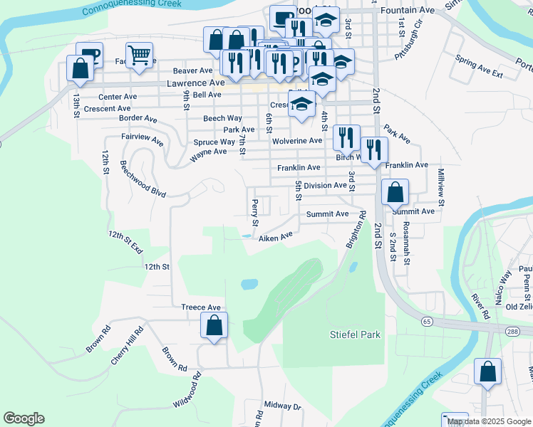 map of restaurants, bars, coffee shops, grocery stores, and more near 852 Sewickley St in Ellwood City