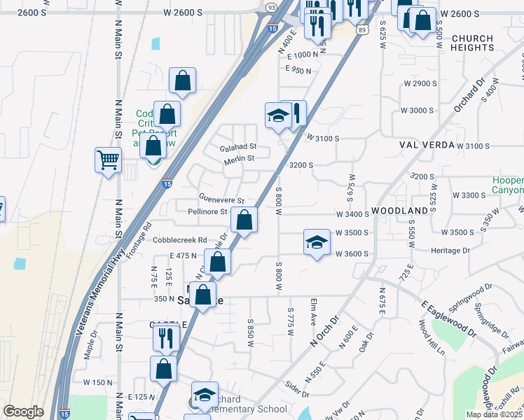map of restaurants, bars, coffee shops, grocery stores, and more near 3381 South Main Street in Bountiful