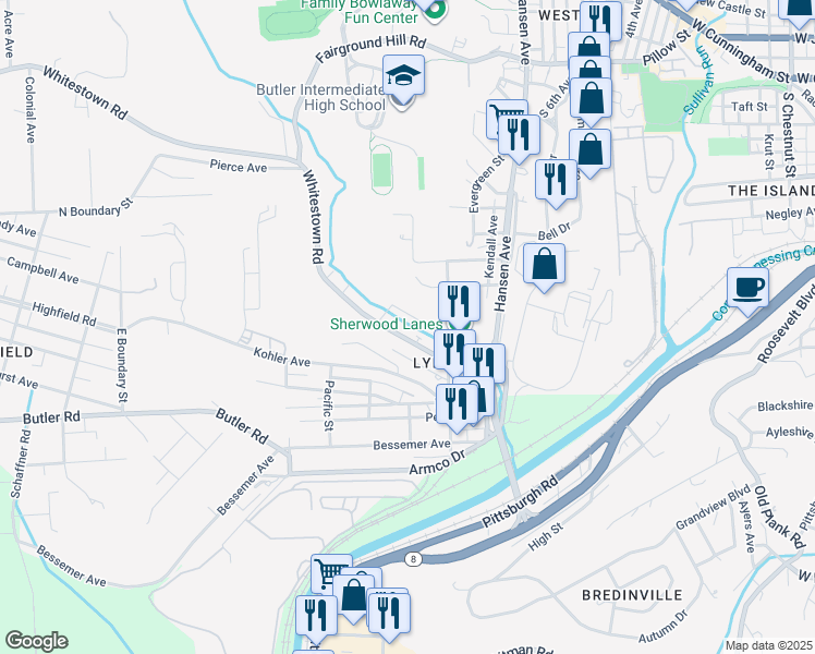 map of restaurants, bars, coffee shops, grocery stores, and more near 134 Whitestown Road in Lyndora