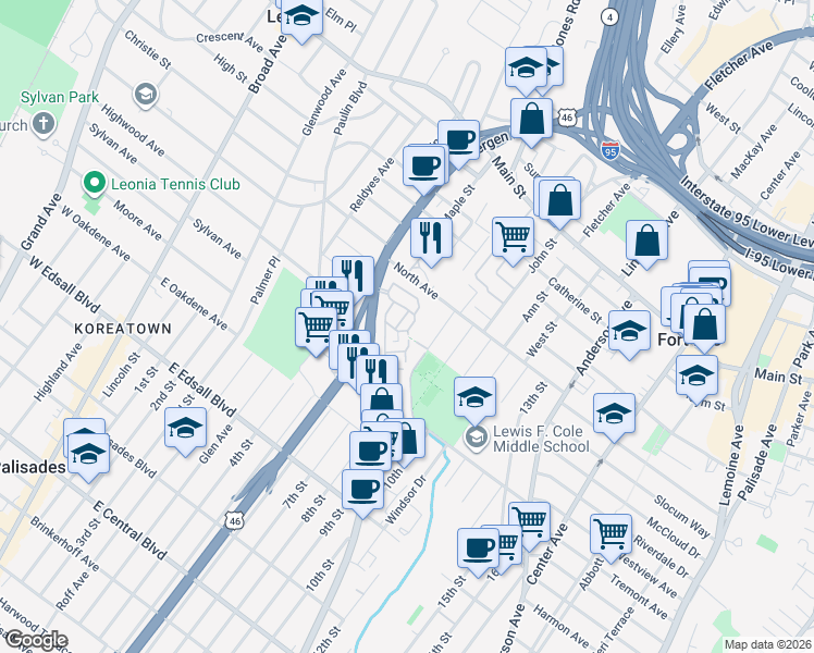 map of restaurants, bars, coffee shops, grocery stores, and more near 235 Village Circle Drive in Fort Lee