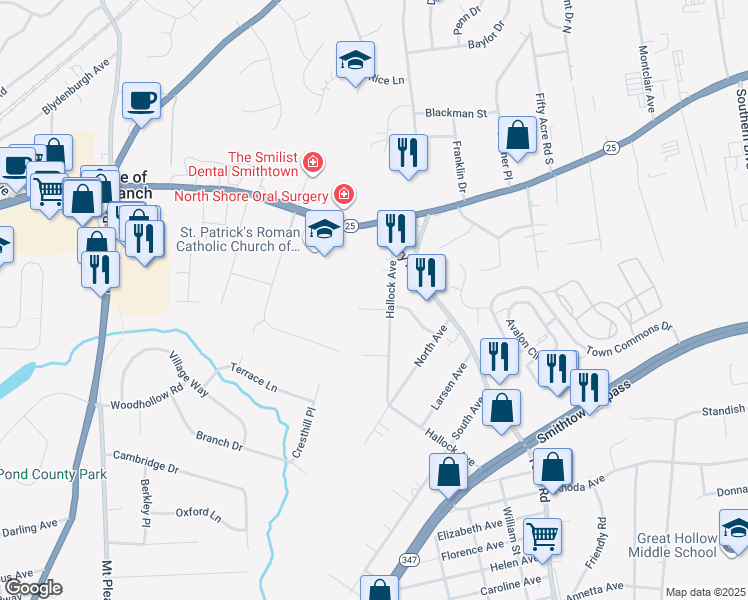 map of restaurants, bars, coffee shops, grocery stores, and more near 3 Rosalia Court in Smithtown