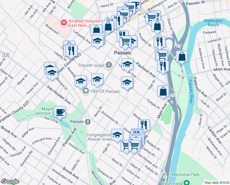 map of restaurants, bars, coffee shops, grocery stores, and more near 207 Aycrigg Avenue in Passaic