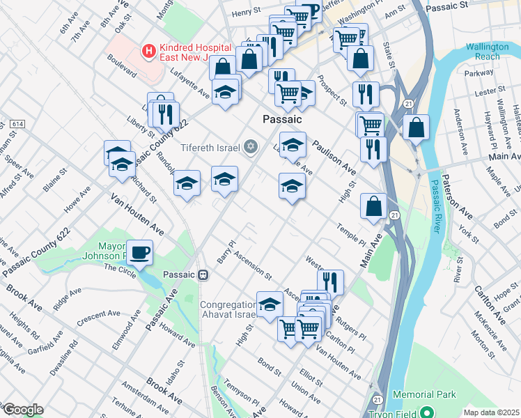 map of restaurants, bars, coffee shops, grocery stores, and more near 215 Aycrigg Avenue in Passaic
