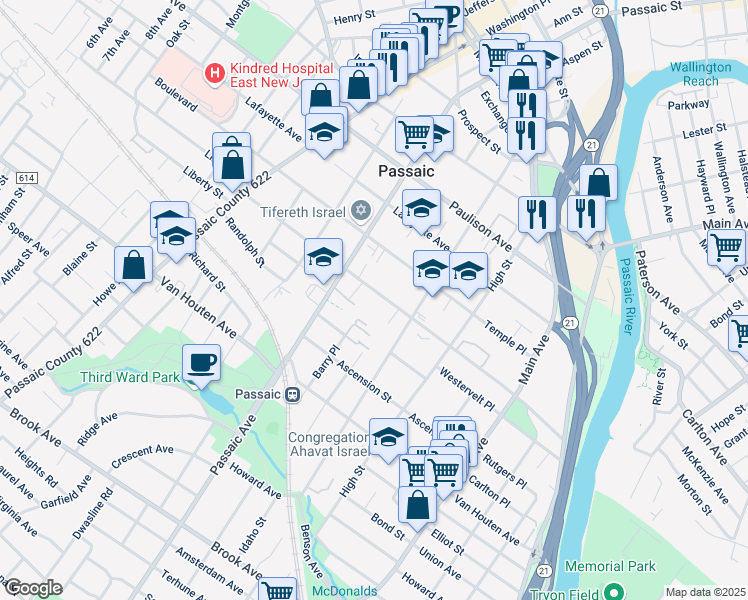 map of restaurants, bars, coffee shops, grocery stores, and more near 215 Aycrigg Avenue in Passaic