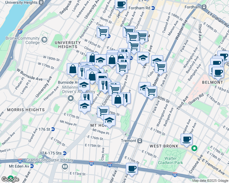 map of restaurants, bars, coffee shops, grocery stores, and more near 2050 Grand Concourse in The Bronx