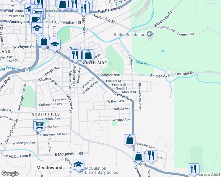 map of restaurants, bars, coffee shops, grocery stores, and more near 7 South Street in Butler
