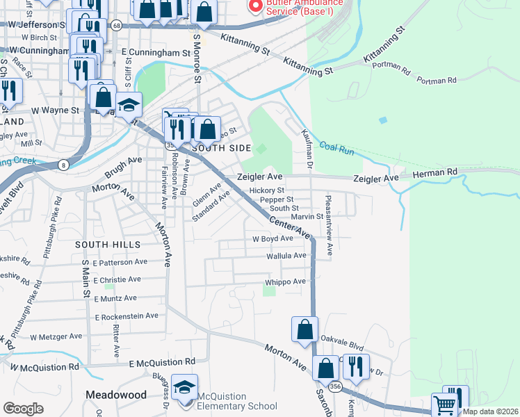 map of restaurants, bars, coffee shops, grocery stores, and more near 2 South Street in Butler