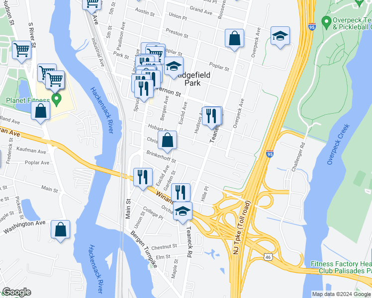 map of restaurants, bars, coffee shops, grocery stores, and more near 116 Christie Street in Ridgefield Park