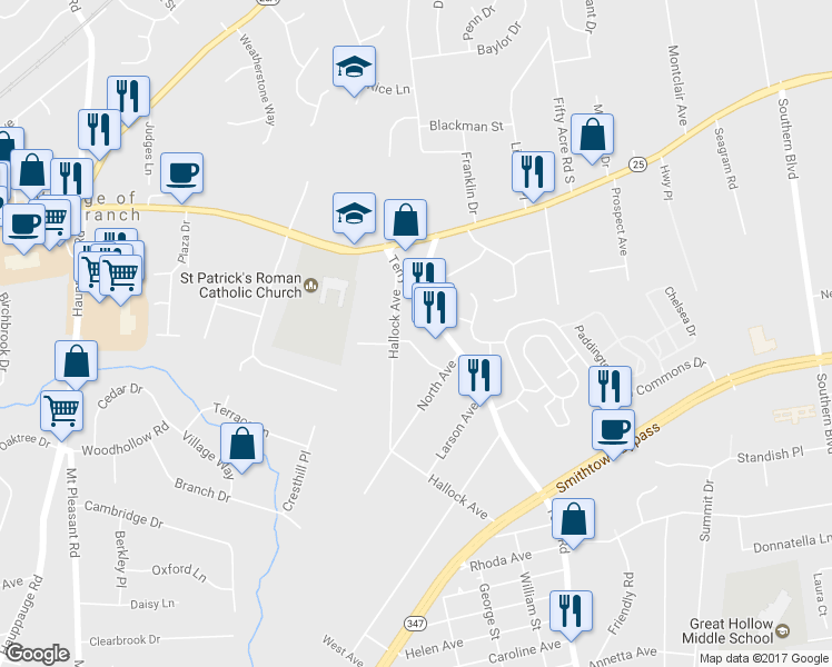 map of restaurants, bars, coffee shops, grocery stores, and more near 5 Martha Lane in Smithtown