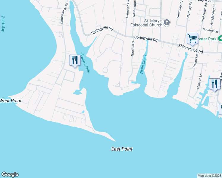 map of restaurants, bars, coffee shops, grocery stores, and more near 36 Oak Lane in Hampton Bays