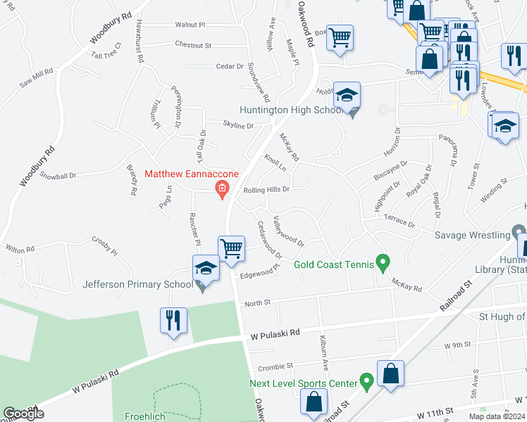 map of restaurants, bars, coffee shops, grocery stores, and more near 22 Hillwood Drive in Huntington Station