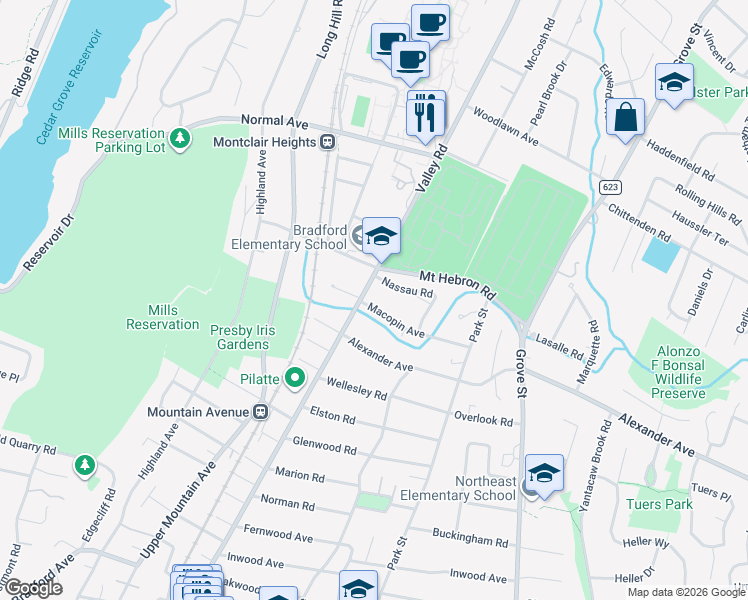 map of restaurants, bars, coffee shops, grocery stores, and more near 41 Macopin Avenue in Montclair