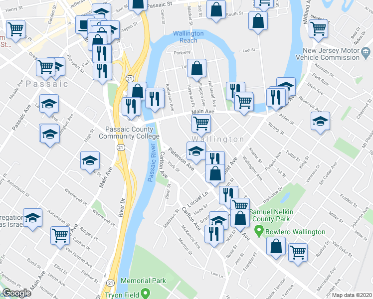 map of restaurants, bars, coffee shops, grocery stores, and more near 17 Union Boulevard in Wallington