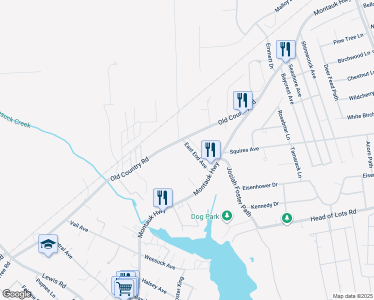 map of restaurants, bars, coffee shops, grocery stores, and more near 6 East End Avenue in East Quogue