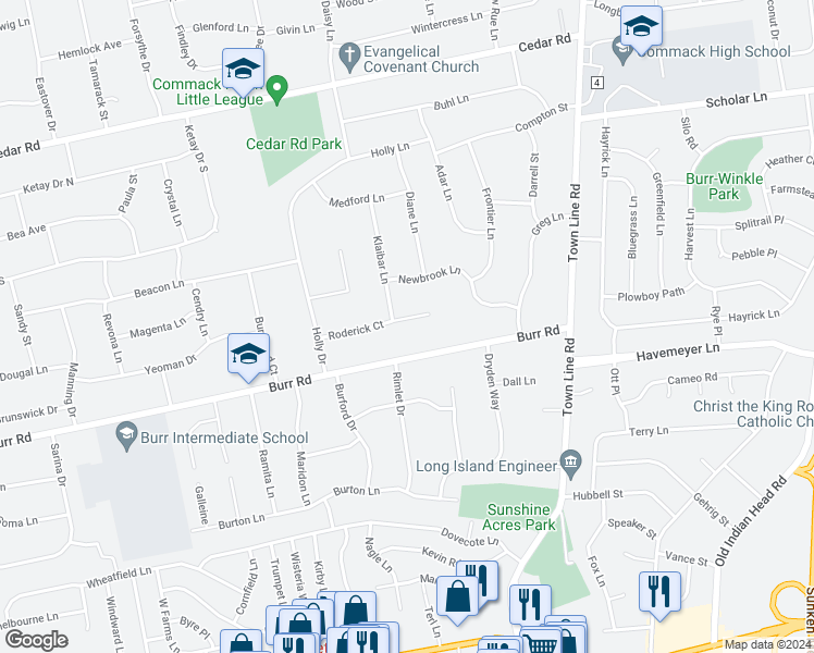map of restaurants, bars, coffee shops, grocery stores, and more near 16 Roderick Court in East Northport