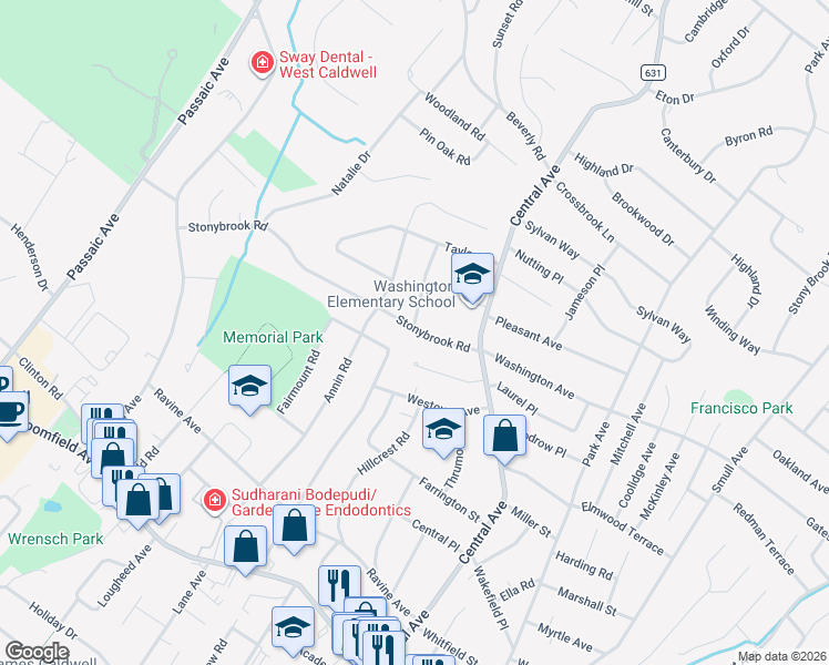 map of restaurants, bars, coffee shops, grocery stores, and more near 8 Stonybrook Road in West Caldwell
