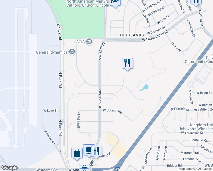 map of restaurants, bars, coffee shops, grocery stores, and more near 700-1198 Kingbird Road in Lincoln