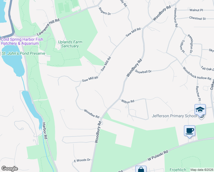 map of restaurants, bars, coffee shops, grocery stores, and more near 437 Woodbury Road in Cold Spring Harbor