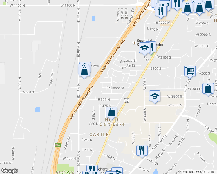map of restaurants, bars, coffee shops, grocery stores, and more near 181 Pellinore Street in North Salt Lake