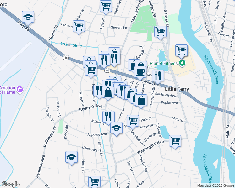 map of restaurants, bars, coffee shops, grocery stores, and more near 201 Main Street in Little Ferry