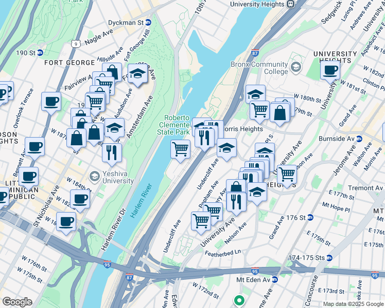 map of restaurants, bars, coffee shops, grocery stores, and more near 55 Richman Plaza in The Bronx