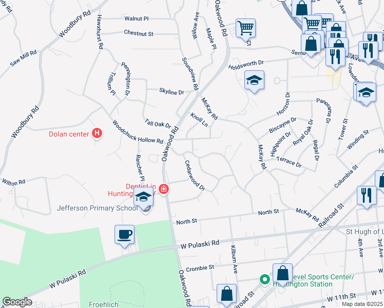 map of restaurants, bars, coffee shops, grocery stores, and more near 31 Hillwood Drive in Huntington Station