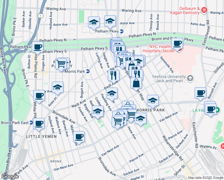 map of restaurants, bars, coffee shops, grocery stores, and more near in Bronx