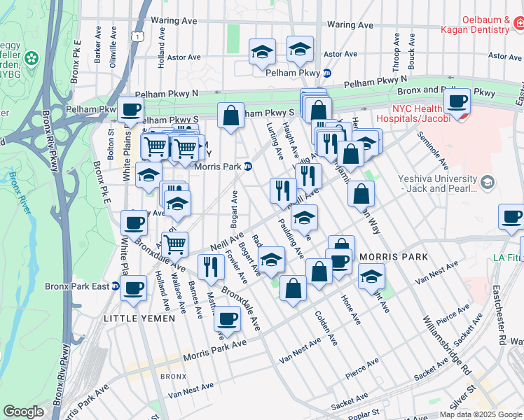 map of restaurants, bars, coffee shops, grocery stores, and more near 2019 Colden Avenue in Bronx