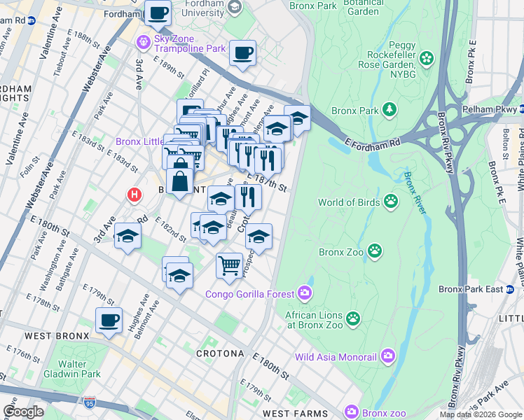 map of restaurants, bars, coffee shops, grocery stores, and more near in The Bronx