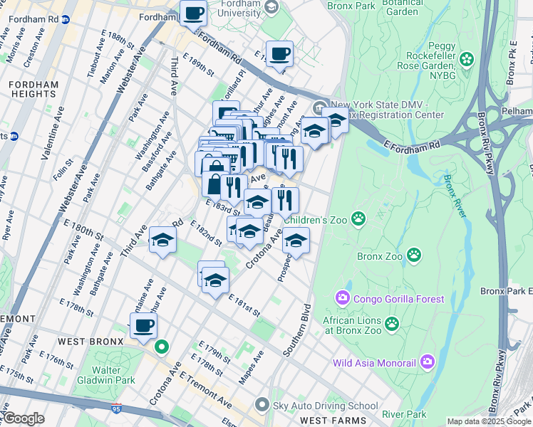 map of restaurants, bars, coffee shops, grocery stores, and more near in The Bronx