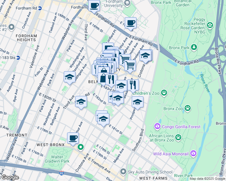 map of restaurants, bars, coffee shops, grocery stores, and more near in The Bronx
