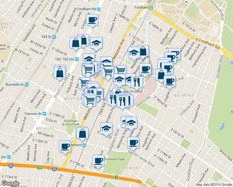 map of restaurants, bars, coffee shops, grocery stores, and more near in The Bronx