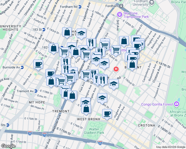 map of restaurants, bars, coffee shops, grocery stores, and more near in The Bronx