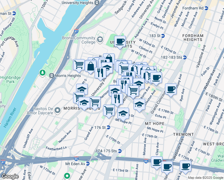 map of restaurants, bars, coffee shops, grocery stores, and more near 1975 Grand Avenue in The Bronx
