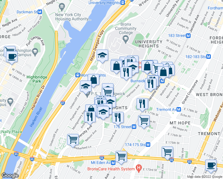 map of restaurants, bars, coffee shops, grocery stores, and more near 1820 Loring Place South in Bronx