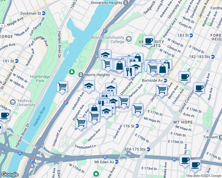 map of restaurants, bars, coffee shops, grocery stores, and more near 1820 Loring Place South in Bronx