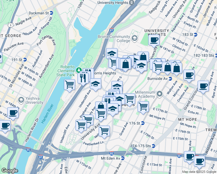 map of restaurants, bars, coffee shops, grocery stores, and more near 1814B Phelan Place in Bronx