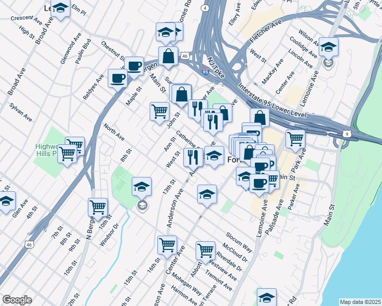 map of restaurants, bars, coffee shops, grocery stores, and more near 424 Elizabeth Street in Fort Lee