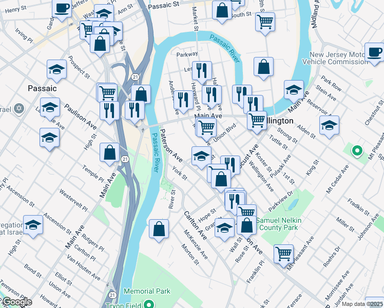 map of restaurants, bars, coffee shops, grocery stores, and more near 17 Union Boulevard in Wallington