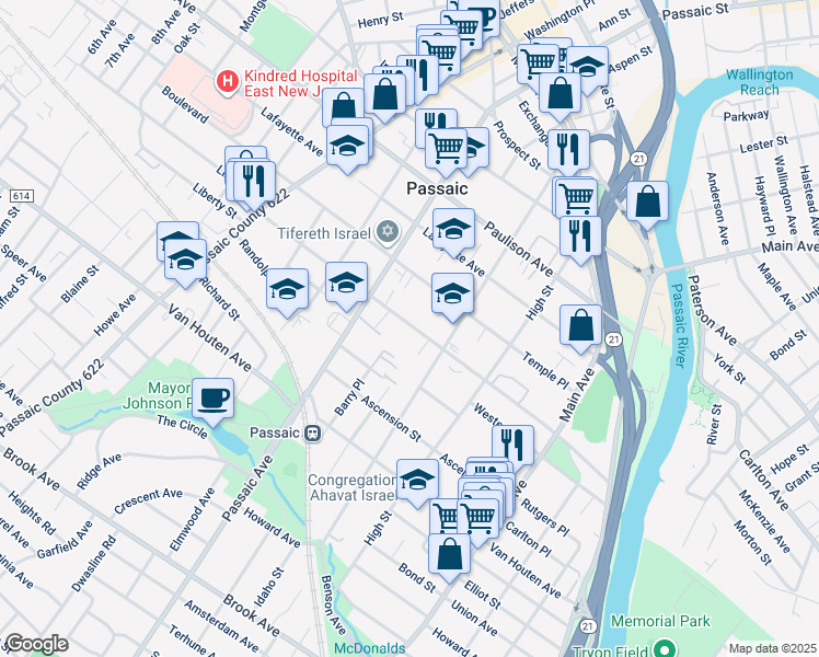 map of restaurants, bars, coffee shops, grocery stores, and more near 207 Aycrigg Avenue in Passaic